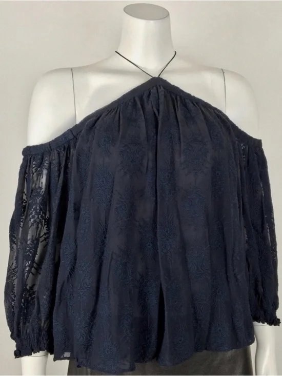 Rebecca Taylor is 100% Silk Navy Off-Shoulder Long sleeve Lace Blouse Size 2 - Picture 2 of 6